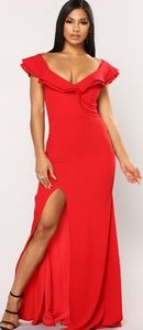 Red Ruffled Shoulder Evening Gown